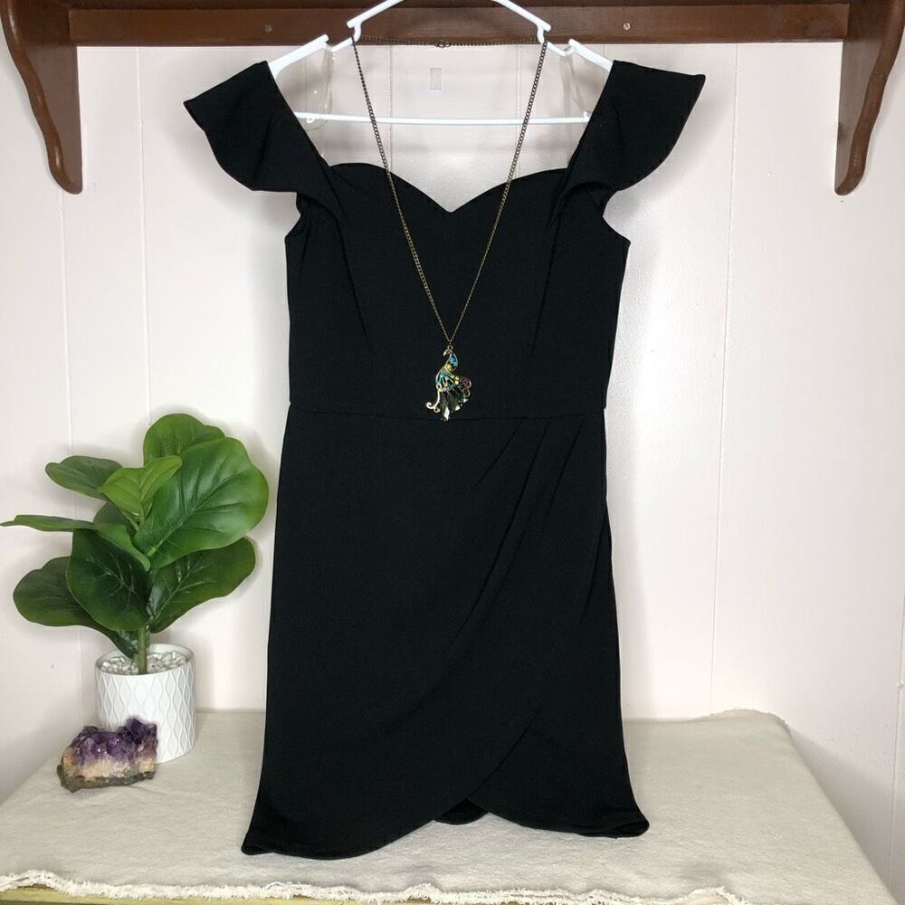 Midnight Doll Solid Off Shoulder Cap Sleeve Tulip Hem Mini Dress Black Size 5